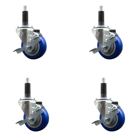 Service Caster 3.5'' SS Blue Poly Swivel 1'' Expanding Stem Caster Set with Brake, 4PK SCC-SSEX20S3514-PPUB-BLUE-TLB-1-4